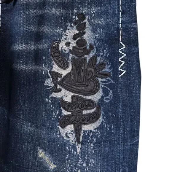 Ed Hardy Christian Audigier Boyfriend Jeans Womens Blue Dark Wash Embellished 30